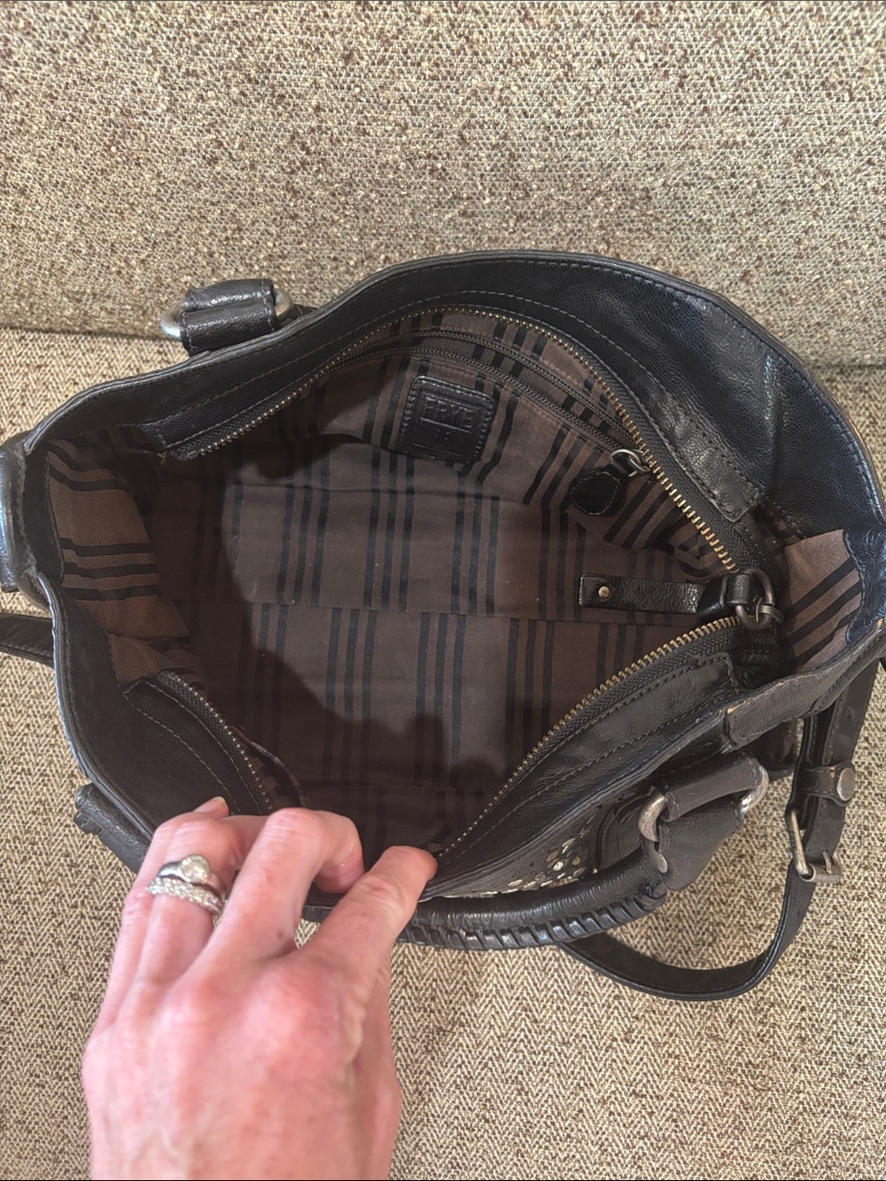 FRYE (rare!) Deborah Studded Black Leather Large Satchel w/ crossbody strap - Picture 8 of 8
